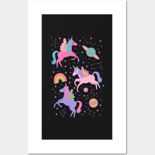 Space Unicorns - Neon Rainbow on Black Posters and Art